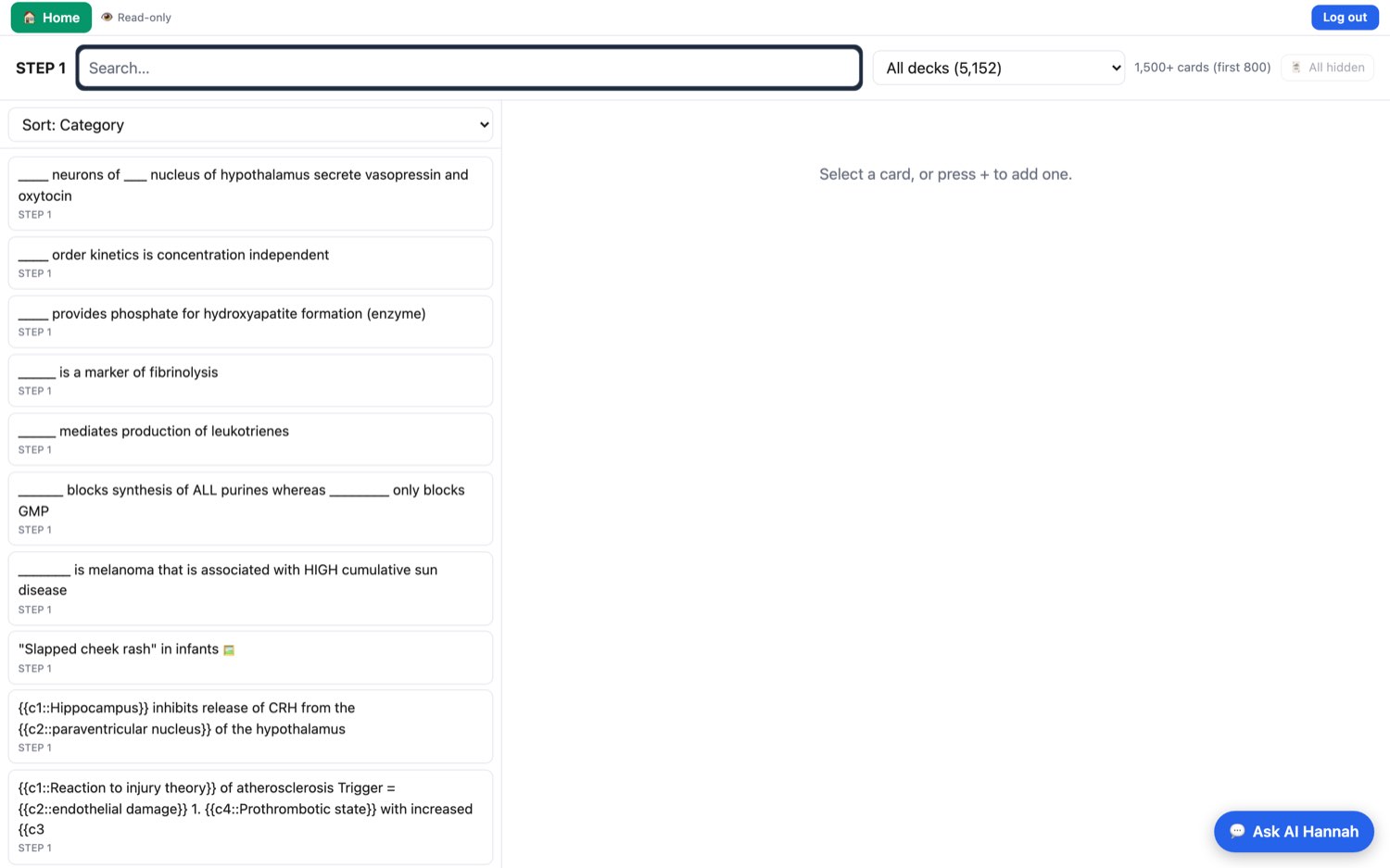 The STEP 1 collection browser with a card list and reading pane