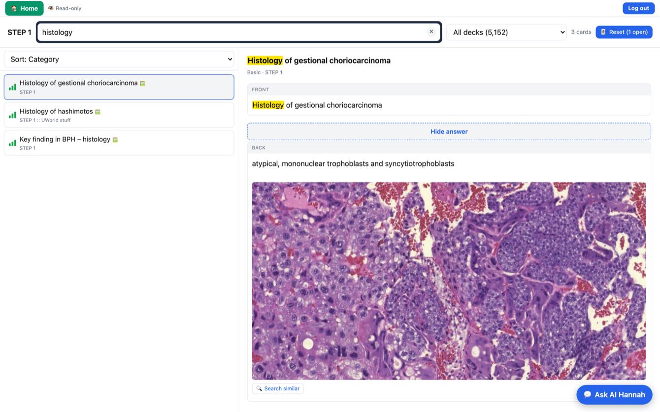 A revealed card showing a histology slide and a Search similar link