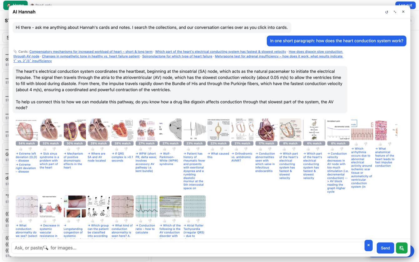 AI Hannah answering a question about the cardiac conduction system, with cited cards and image results
