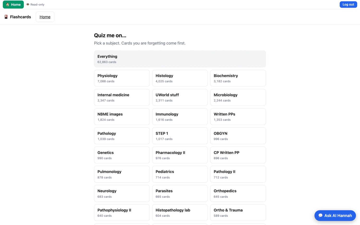 The flashcard subject picker showing subjects and card counts